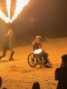 Fire acrobatics in a wheelchair